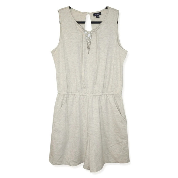 TACERA French Terry Sleeveless Beige Summer Romper, Tie Neck Front, Pockets, M, - Picture 2 of 15